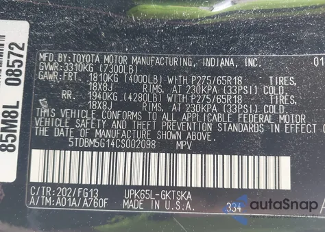 2012 Toyota Sequoia Sr5 4.6L V8 from USA, damaged, VIN 5TDBM5G14CS002098